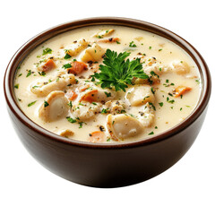 Creamy seafood chowder with scallops, carrots, and parsley garnish on transparent background