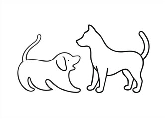 Charming single line art depiction of a dog and a cat embracing in a continuous flowing artistic style isolated on white background
