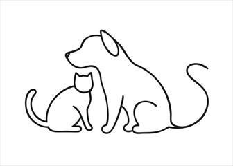 Charming single line art depiction of a dog and cat companion animals interacting in a fluid continuous drawing style isolated on white background