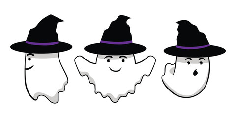 Cute Halloween Ghost Characters Wearing Witch Hats Vector Illustration