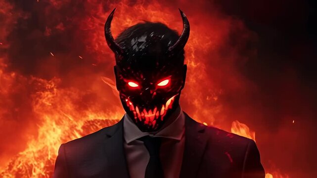 A demon with horns stands in hell among the flames	
