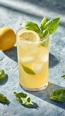 Refreshing summer lemonade with fresh basil leaves, chilled with ice cubes, served in a tall glass with a lemon slice on a textured blue background