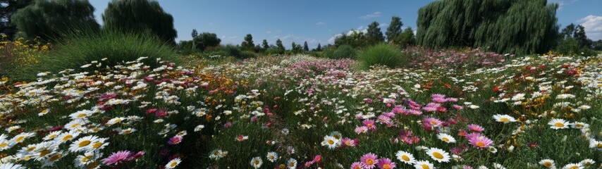 Fototapeta premium Vibrant wildflower field nature hdr panoramas