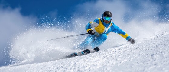 The skier gliding down a snowy slope under a bright blue sky.