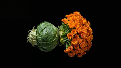 Still life featuring a green cabbage and a vibrant bouquet of orange calendula flowers on black background