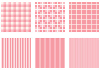 set of Pink Geometric Checkered and Striped Backgrounds, Abstract Seamless Vector Patterns, check, stripes, grids and gingham patterns.