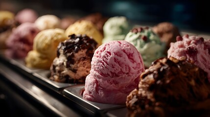 Colorful ice cream scoops with tempting toppings on display