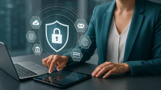 Woman in teal blazer uses tablet and laptop in office while holographic shield and icons float above, symbolizing account safety and digital lock features