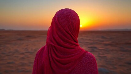 Person draped in vibrant red fabric, back turned, gazing at a desert sunset's golden glow - Powered by Adobe