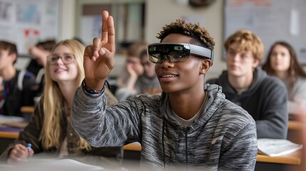 Modern tech classroom with a deaf student using real-time sign language translation AR glasses, surrounded by diverse students, inclusive learning environment, hopeful lighting, 