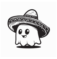 Cute Ghost Character in Sombrero Logo Design Vector Illustration