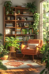 Cozy reading nook with a vibrant armchair, bookshelves, and lush greenery, creating a serene and inviting atmosphere.