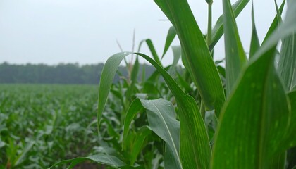 Fototapeta premium Raindrops on Arching Corn Leaves in a Vast, Green Field