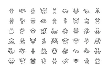 Halloween vector art of collection of monster and creature icons isolated
