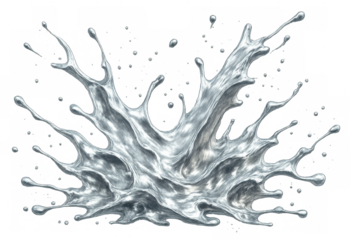 Mercury-like liquid forming elegant splash crown, crystalline droplets arcing dramatically against pristine transparent surface