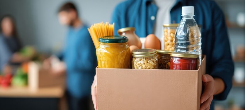 The box filled with food items for community support and charity work.