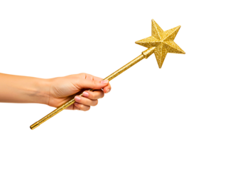 Hand holding a golden star magic wand isolated on transparent background