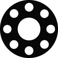 Abstract circular design with central opening and eight outer circular perforations in black and white