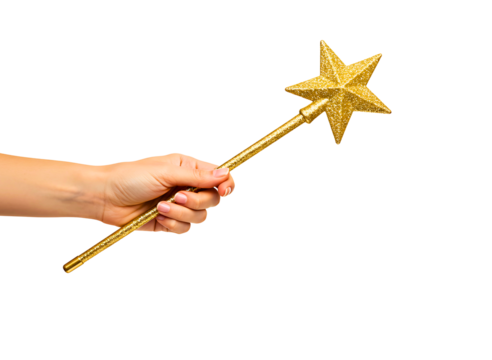 Hand holding a golden star magic wand isolated on transparent background