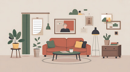 Fototapeta premium Cozy living room with terracotta sofa, plants, and art. 