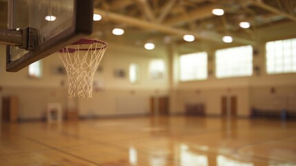 An empty indoor basketball court with a focus on the hoop, featuring polished wooden floors reflecting overhead lights,