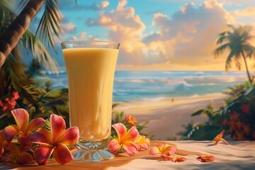 Refreshing tropical drink served with vibrant flowers, perfect for summer vibes and beach relaxation.