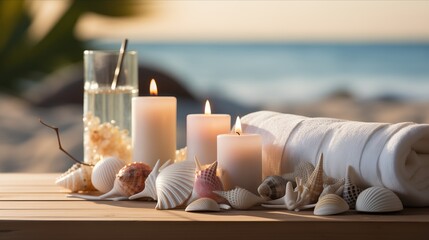 Relaxing beach setup with candles, seashells, and a refreshing drink for a tranquil escape on a sunny day.