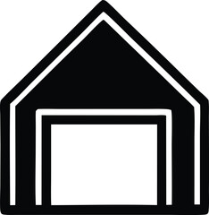 Simple black and white geometric icon representing a house or building with a gable roof and open entrance