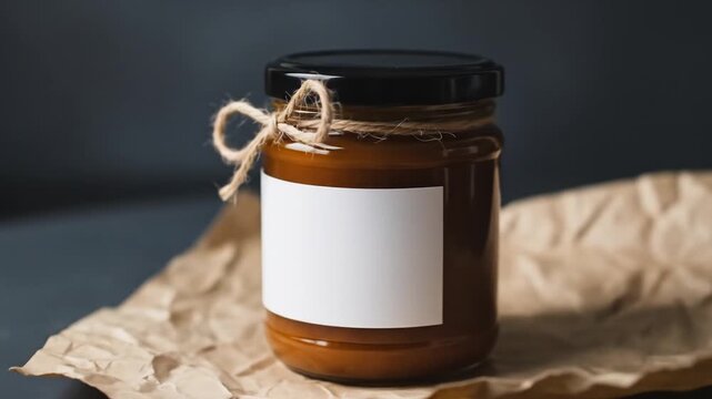 A jar of caramel or similar spread with a blank white label, tied with string, resting on crumpled brown paper.
