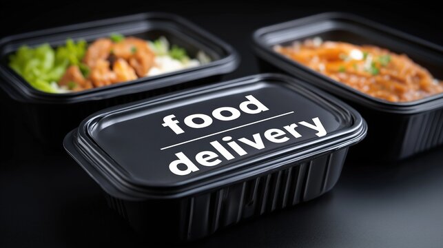 Black containers for food delivery with various dishes on dark background
