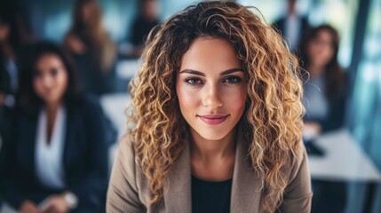 A young woman with curly hair smiling in a conference room.