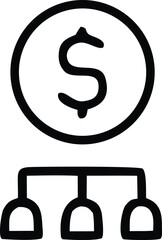 Hand drawn illustration of a dollar sign within an oval connected to three smaller shapes representing distribution or branches