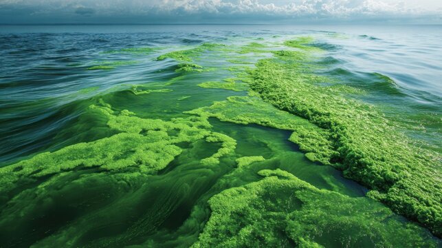 Photo of green algae covering the surface of an ocean, green algae on water, global warming concept.