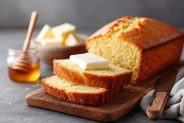 Warm golden cornbread slices with butter served on a rustic wooden cutting board