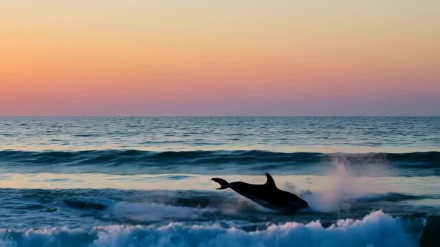 Silhouette of an orca leaping from an ocean wave at sunset; dramatic, peaceful wildlife photography.