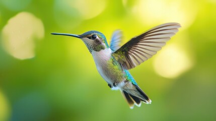 Fototapeta premium A hummingbird in flight with green and blue feathers against a blurred green background.
