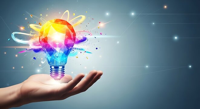 Open hand presenting a vibrant, polygonal light bulb bursting with rainbow colors and creative energy. - Powered by Adobe