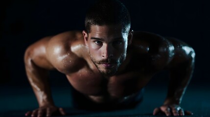 Intense push up workout in dramatic lighting