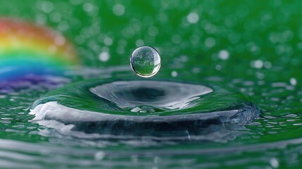 Water droplet splash with rainbow reflection on green background
