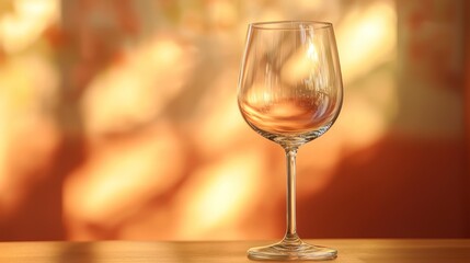 Obraz premium An empty wine glass on a wooden table with a blurred background.