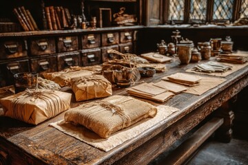 An old-fashioned table is piled with wrapped packages and stacks of documents in a dimly lit, historical setting, conveying a sense of antique charm and mystery.