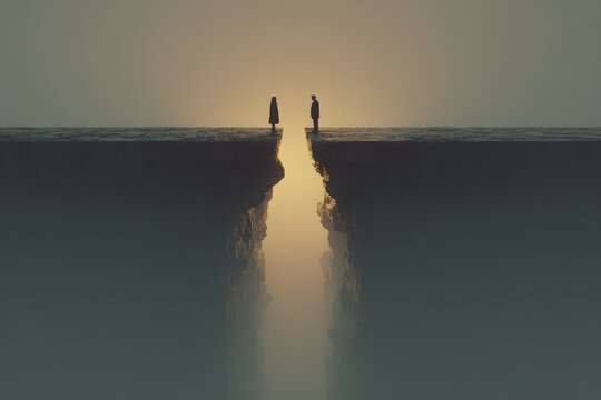 Two silhouetted figures stand on cliff edges separated by chasm, misty light fills gap symbolizing distance and connection.