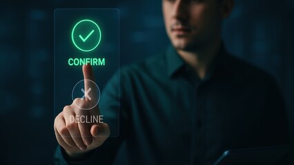 Man in dark shirt reaches toward floating confirm button on transparent screen, decision making concept with star rating and happy customer idea