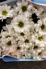 flowers with drops of water, wet chamomile flowers in a large gift bouquet, close up, flowers are reflected on black glass