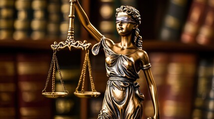 Obraz premium A statue of Lady Justice with a blindfold and scales in front of a blurred background of law books.