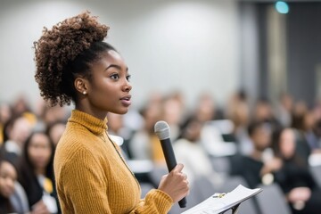 Young woman discusses climate change risks in corporate sustainability meeting