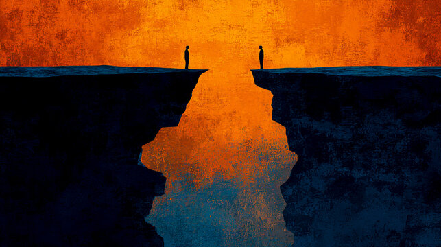 Two people standing on opposite sides of an endless chasm