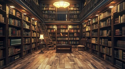 A grand, dimly lit library with wooden floors, bookshelves, and a staircase.