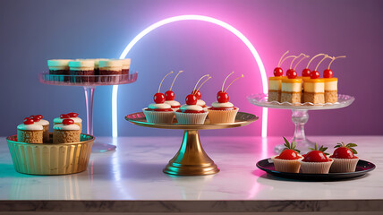 Assorted desserts displayed on tiered stands, colorful and tempting.
