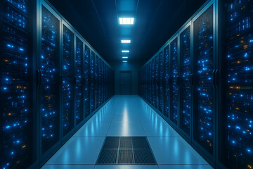 Modern data center server room with blue lighting and rows of equipment